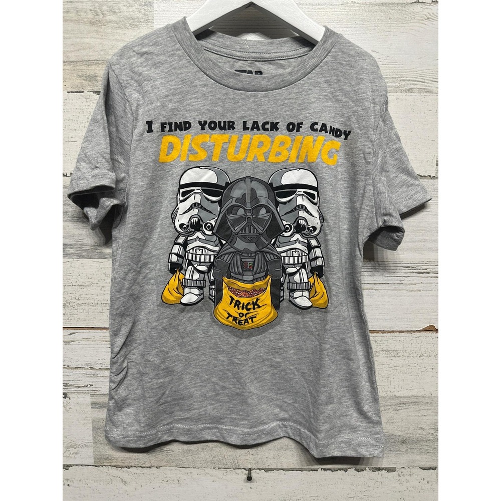 Star Wars Halloween T-Shirt Boys Small Gray Darth Vader Lack Of Candy EUC
